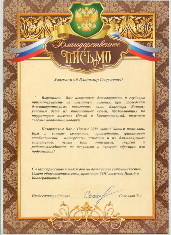Владимир Герасичкин получил благодарность за новогодние подарки для детей из многодетных семей